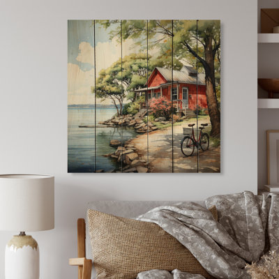 Lakehouse Nostalgic Charm Pointillism II - Lake House Cottage Print on Natural Pine Wood
