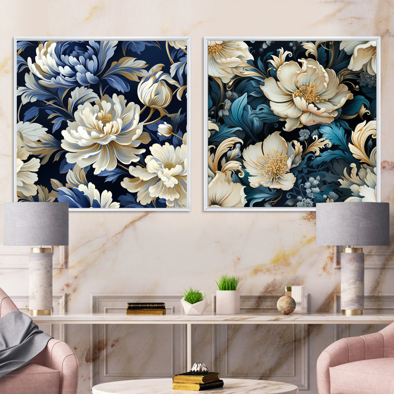 Lilwenn - Ensemble de 2 collages carrés botaniques abstraits, H 16 po x l 33 po, Cadre flottant blanc