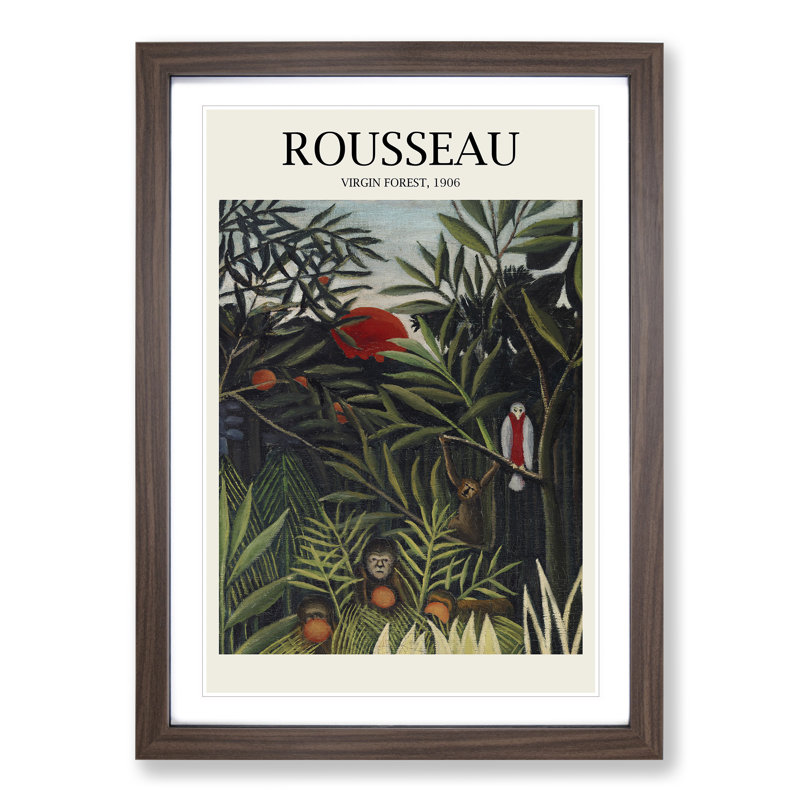 Monkeys and Parrot in the Virgin Forest by Henri Rousseau - Picture Frame Painting, 36cm H x 27cm W x 2cm D, Walnut