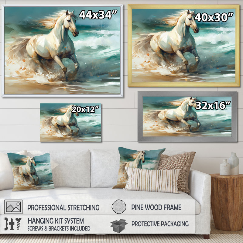Cheval sur la plage II - art mural cheval pour le salon, H 30 po x l 40 po x P 1,5 po, Toile tendue