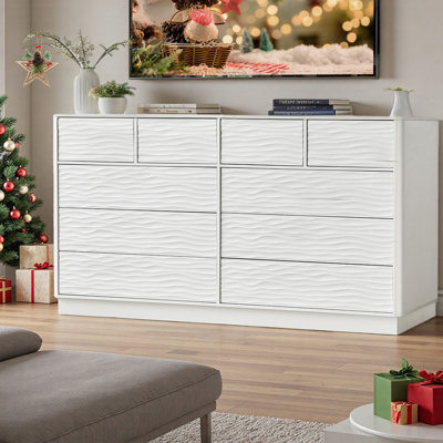 Modern Fluted 55"W 10 Drawer Dresser With Curved Profile Design, Wide Wood Chest Of Drawers With Handless Design For Bedroom & Closet Island, White Push to Open Dresser Storage Organizer, TV Stand for Living Room, Gift