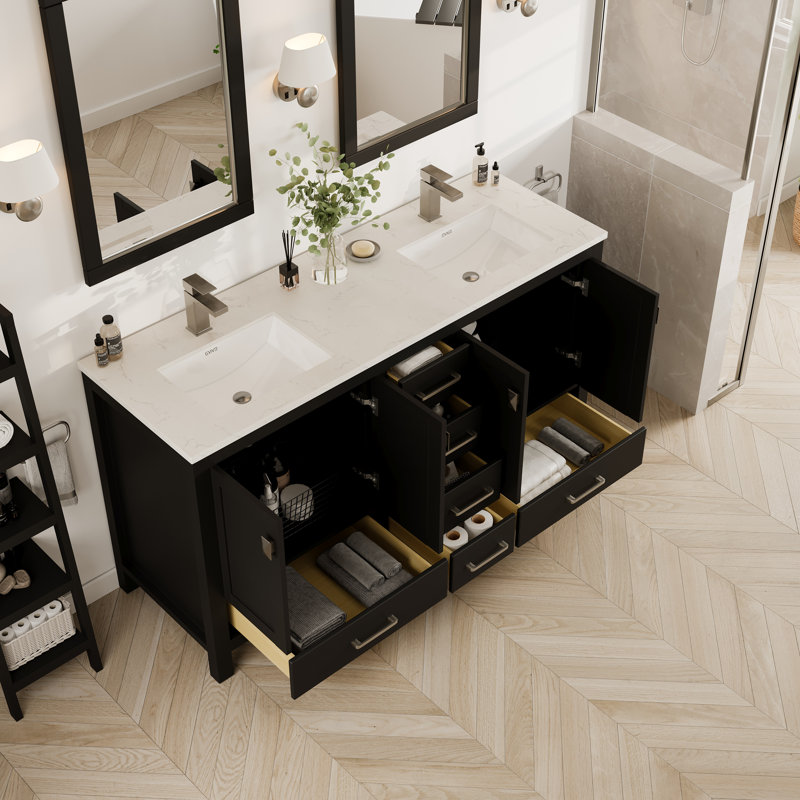 Espresso Double Sink Bathroom Vanity with Carrara Quartz Top