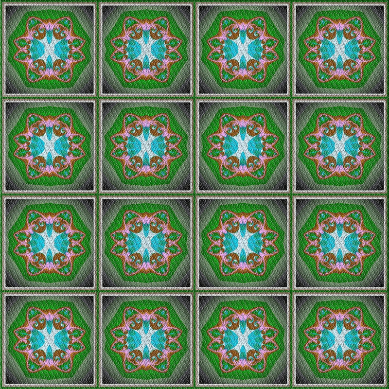 Tapis vert/bleu à motifs, Carré 4 pi