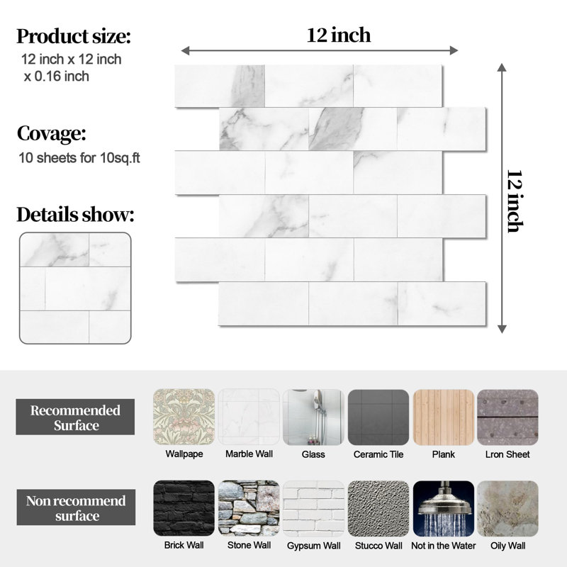 Carrelage mural auto-adhésif 12 po x 12 po Standard Products, Whites