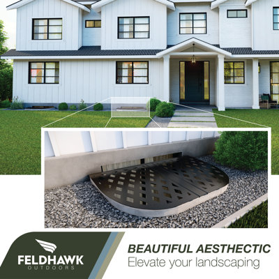 Diamond Window Well Covers, Basement Diamond Pattern Well Cover, Powder Coated Black, D - Shaped Egress Covering Semi-universal Fit. Feldhawk Outdoors.