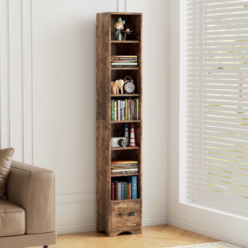 Melgarejo 7 Tier Tall Narrow Bookshelf With Storage Drawer, 71" Compact Corner Bookcase, Freestanding Shelf Organizer Unit For Living Room, Bedroom, Home Office
