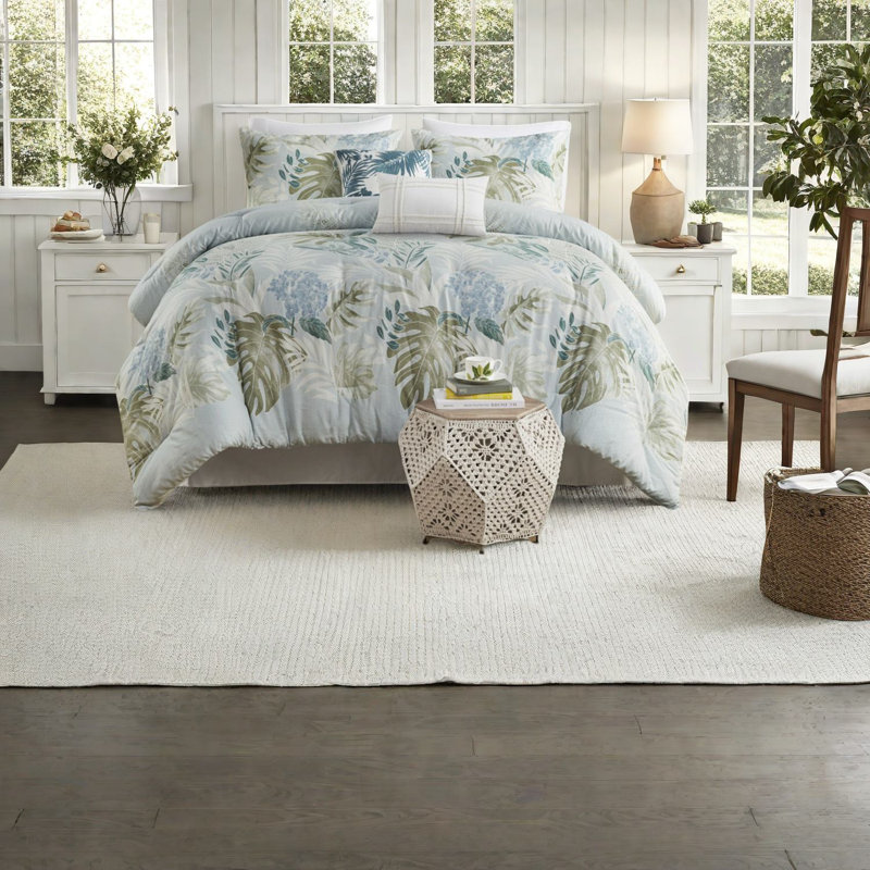 Oversized Blue Cotton Bedding Sets, Coastal Comforter With Pillows