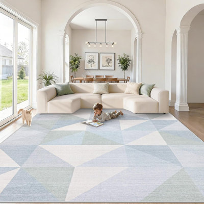 Tapis lavable 240 x 300 cm pour salon, tapis géométrique moderne bleu pâle, doux, à poils courts, antidérapant et résistant aux taches, idéal pour chambre, chambre d'enfant, salle à manger et bureau.