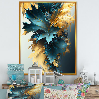 Abstrait bleu et feuilles d'or II - feuilles, art mural