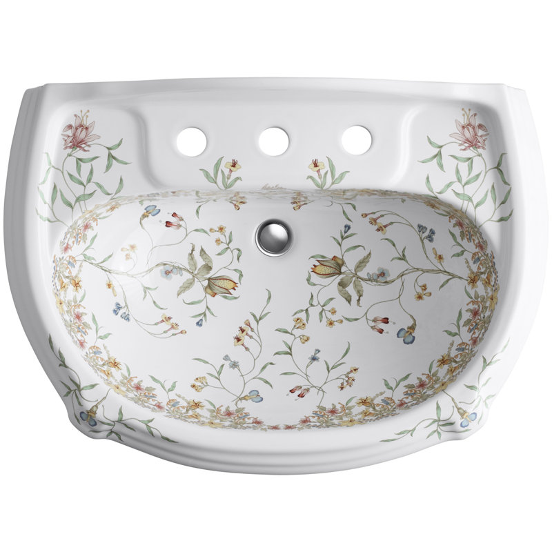 English Trellis Design On Portrait Ceramic 27" Pedestal Bathroom Sink with Overflow
