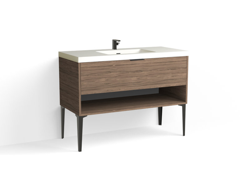 Modo 48" W Freestanding Single Bathroom Vanity with Dean Leg, Glossy White/Single, Nocino, Satin Brass