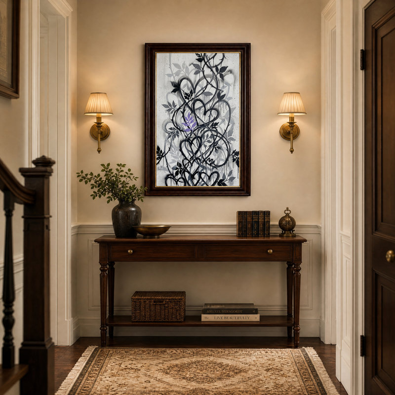 Tableau mural en toile représentant des vignes de cœur noir et violet sur béton, H 18 po x l 12 po