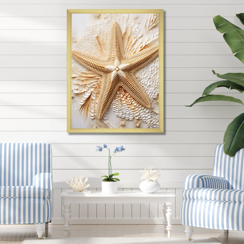 Étoile de mer minimalisme beige et or I, Cadre doré simple, H 20 po x l 12 po x P 1 po