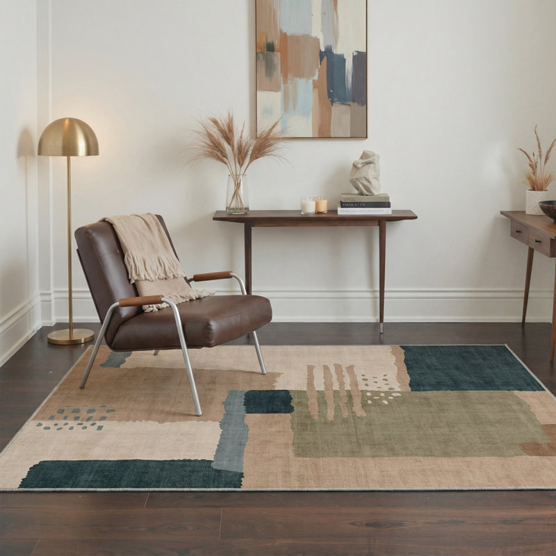 Tapis vert / beige à motif géométrique abstrait Mid-Century moderne avec envers antidérapant, Rectangle 5 pi x 7 pi