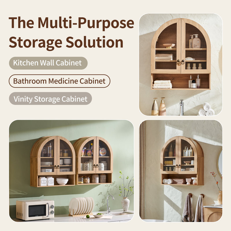  Ahart Bathroom Arched Wall Cabinet with 2 Glass Doors & Open Shelf, 23.6'' Wide Over The Toilet Storage Wall Mount Cabinet