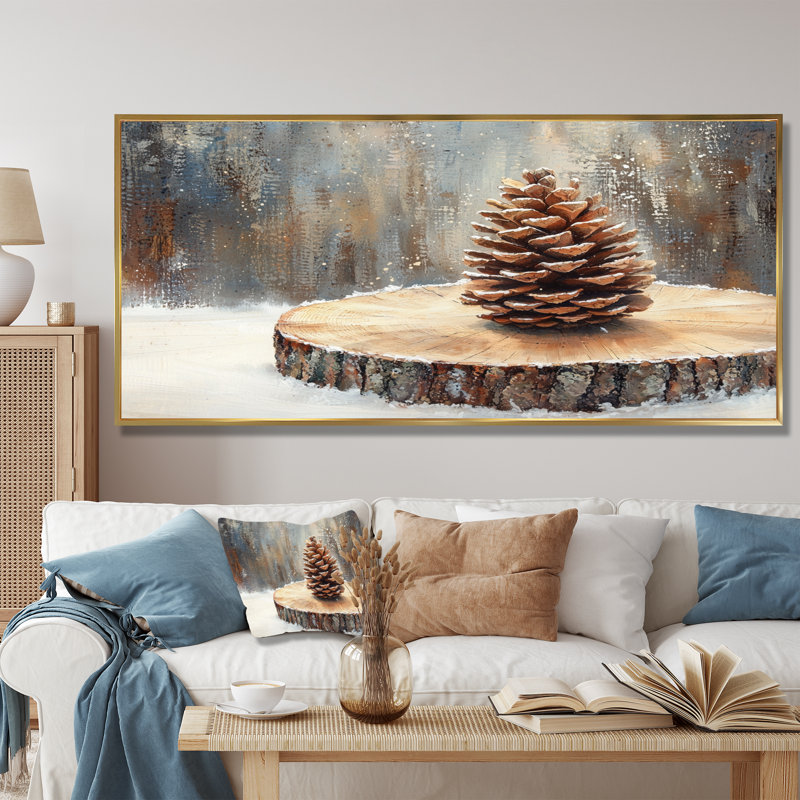 Pinecone In A Winter On A Wood Slide - Pinecone Wall Art, 28" H x 60" W, Cadre flottant doré
