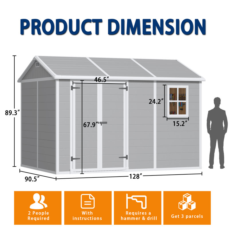 10x8 FT Outdoor Resin Storage Shed with Floor, Weather-Resistant Resin Shed with Double Windows, Lockable Door and Vents, Plastic Outside Tool Storage Sheds for Garden, Backyard, Lawn