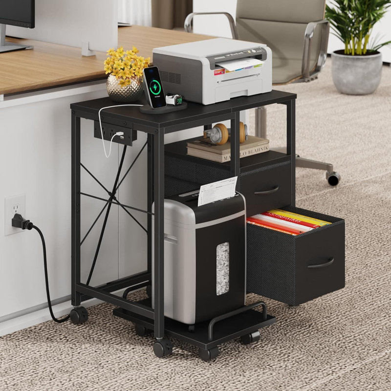 Support d'imprimante multifonctionnel avec prise de courant et ports USB, tiroirs de rangement en tissu, support de déchiqueteuse à roulettes et tablette ouverte pour l'organisation du bureau personnel