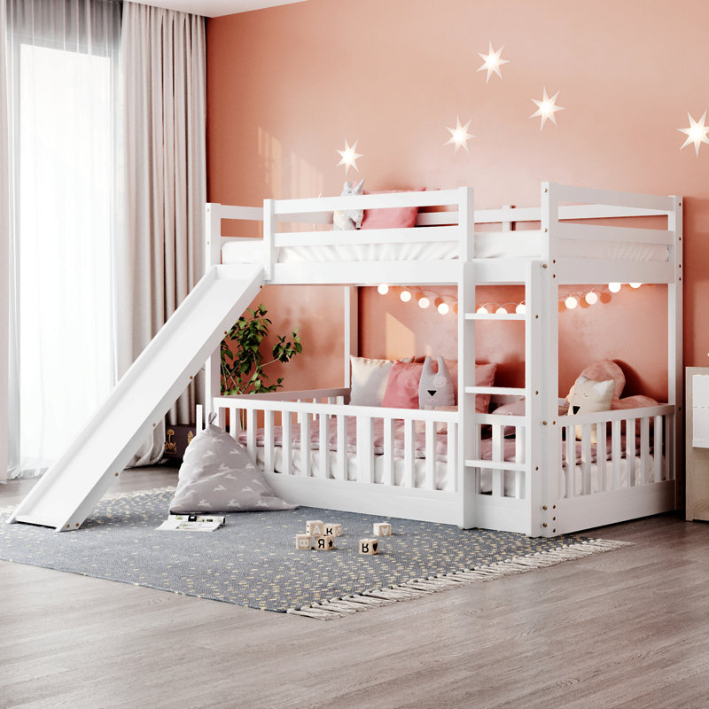 Lit superposé simple au-dessus de simple avec glissoire et échelle, Blanc