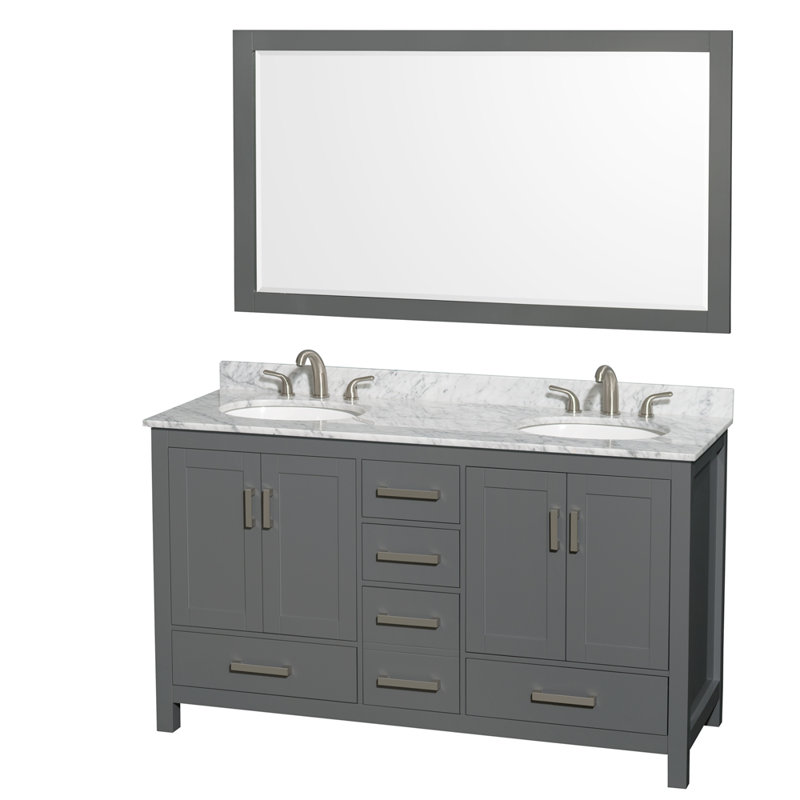 Sheffield 60" Freestanding Double Bathroom Vanity with Marble Top with 58" Mirror, Brushed Chrome, Dark Gray