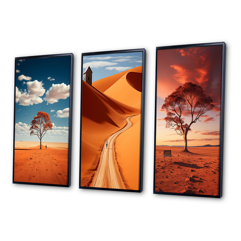 «Australie Red Centre Solitude», 3 pièces sur toile, Cadre flottant noir, H 40 po x l 60 po