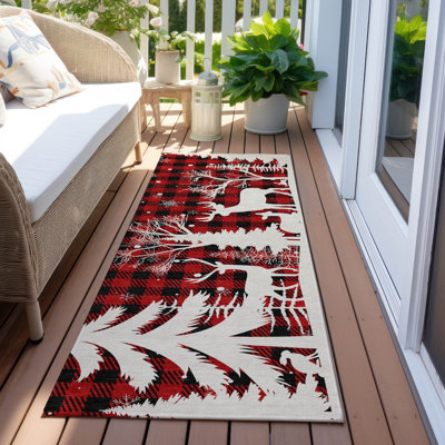 Machine Washable Indoor/Outdoor Christmas Reindeer Xhevrie Red Rug