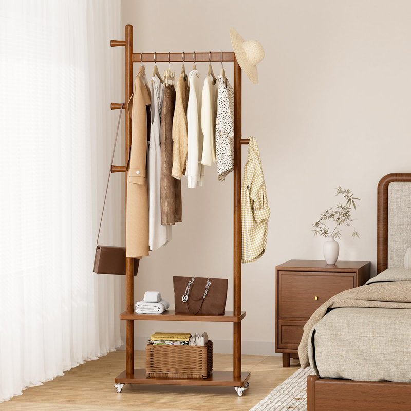 Heavy Duty Freestanding Coat Rack with Wheels, 2 Storage Shelves & 5 Hooks, Wood Corner Coat Tree Stand for Bedroom Entryway Living Room Hotel, Size L