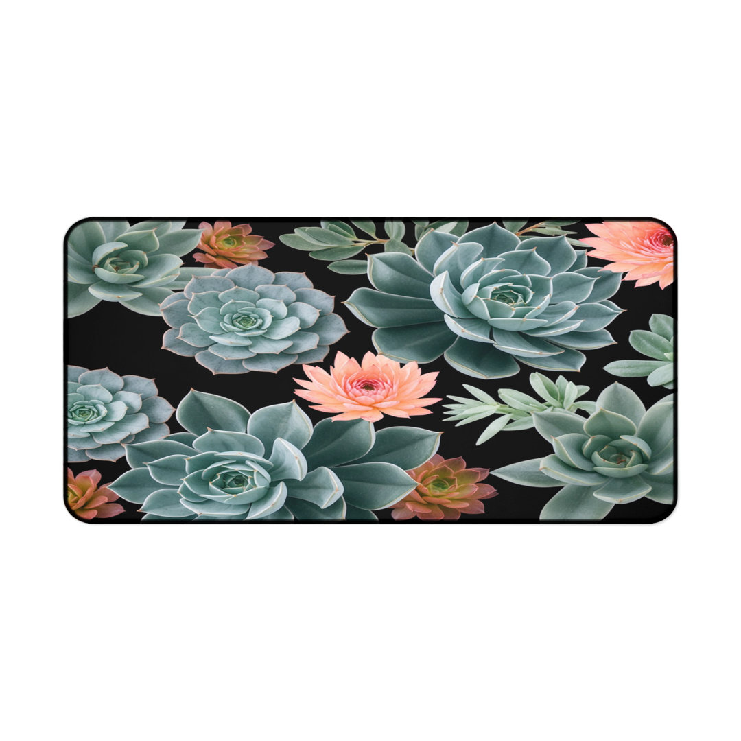 Succulent Garden Desk Mat, Botanical Plant Office Decor, Floral Desktop Pad, Aesthetic Home Office Mouse Pad, Nature Lover Gift, Green Pink