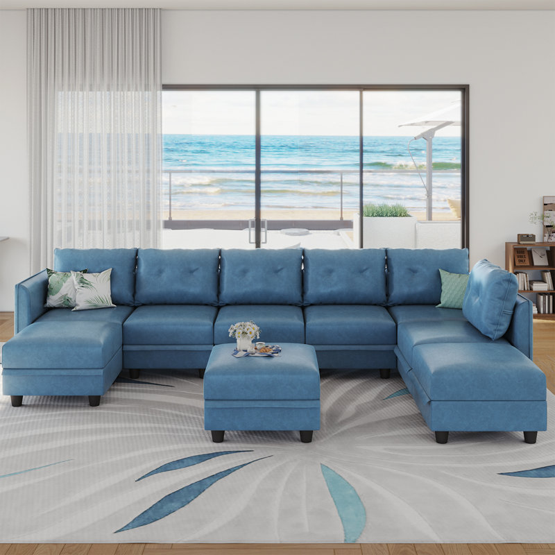 Zendajas 9 - Piece Upholstered Sectional Reversible Modular Corner Sectional with Ottoman, Light Blue Polyester Blend