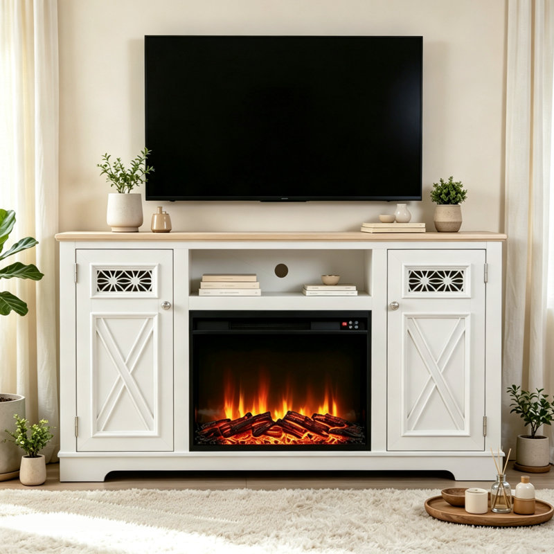 White 61" Media Console TV Stand With Electric Fireplace For TV's Up To 65", White