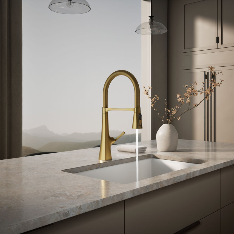Graze Single Handle Kitchen Faucet with 21-9/16" Spout, Vibrant Brushed Moderne Brass