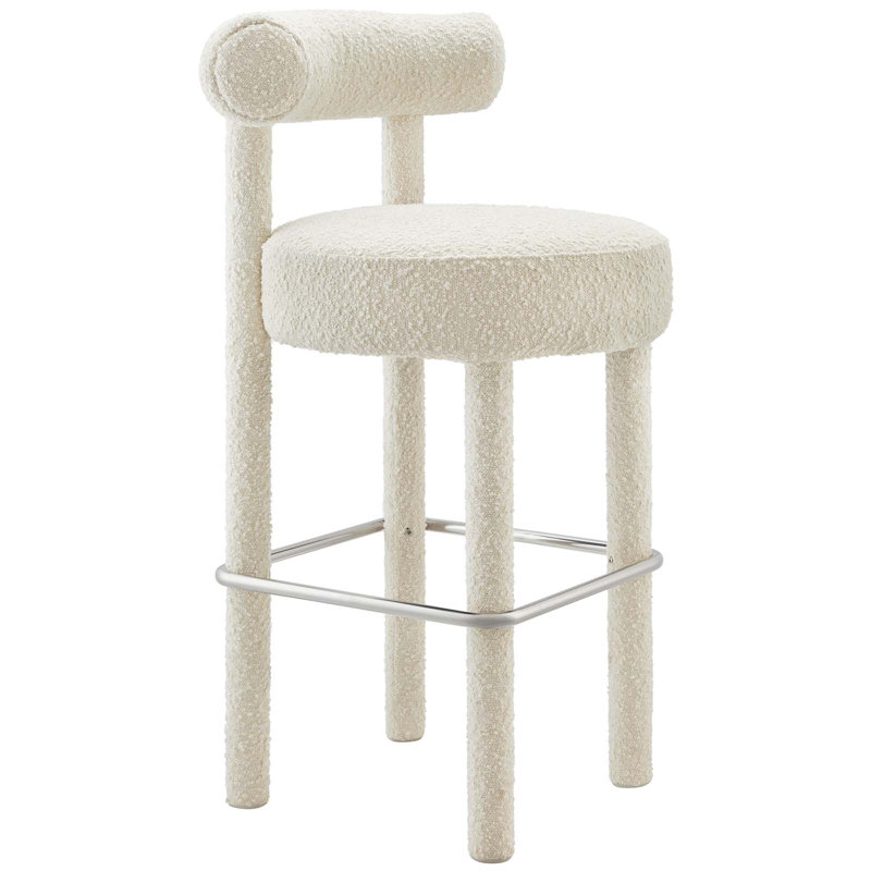 Ivory Boucle Fabric Bar Stool with Metal Stretcher, 30" Seat Height