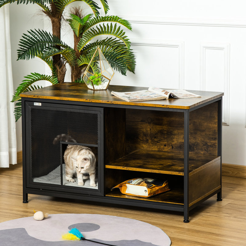 Niche pour chat, maisonnette rustique brune avec coussin sécuritaire et stable