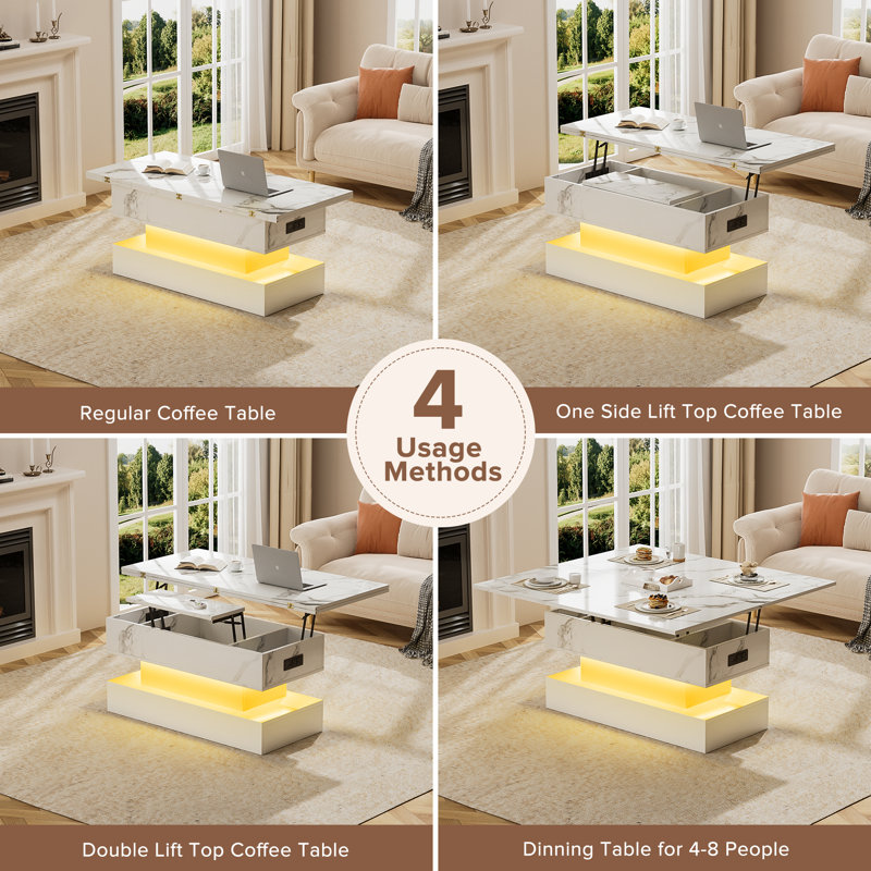 Lift Top Storage Coffee Table with RGB LED Lights and Charging Station, Modern Marble Veneer Living Room Center Table, White
