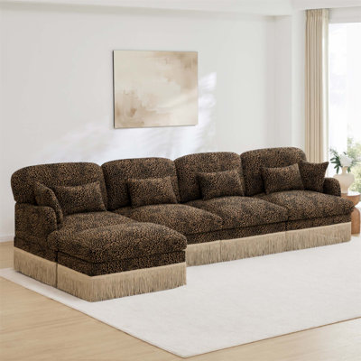 Canapé modulaire en L de 131 po avec 1 repose-pieds - Canapé modulaire en chenille à imprimé léopard, siège profond, repose-pieds mobile, garniture à pampille, assemblage facile