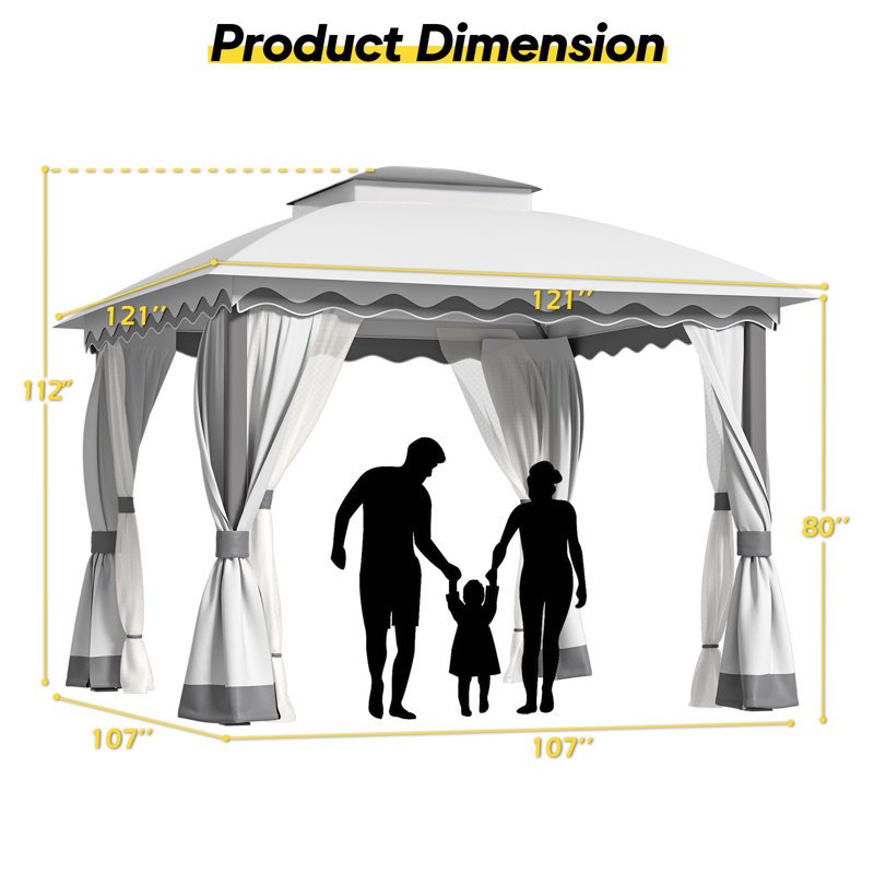 Outdoor Patio Gazebo Heavy Duty Gazebos With Mosquito Netting & Double Roof, Gray, 112" H x 121" W x 121" D