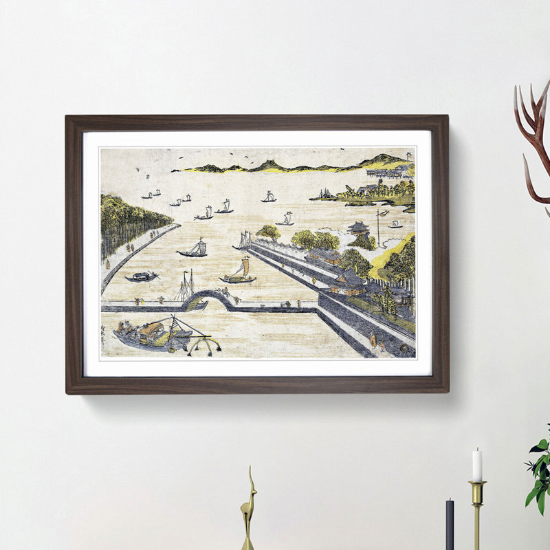 View of Fukagawa, Edo by Harunobu Suzuki - Picture Frame Painting Print, Walnut Framed, 36cm H x 48cm W x 2cm D