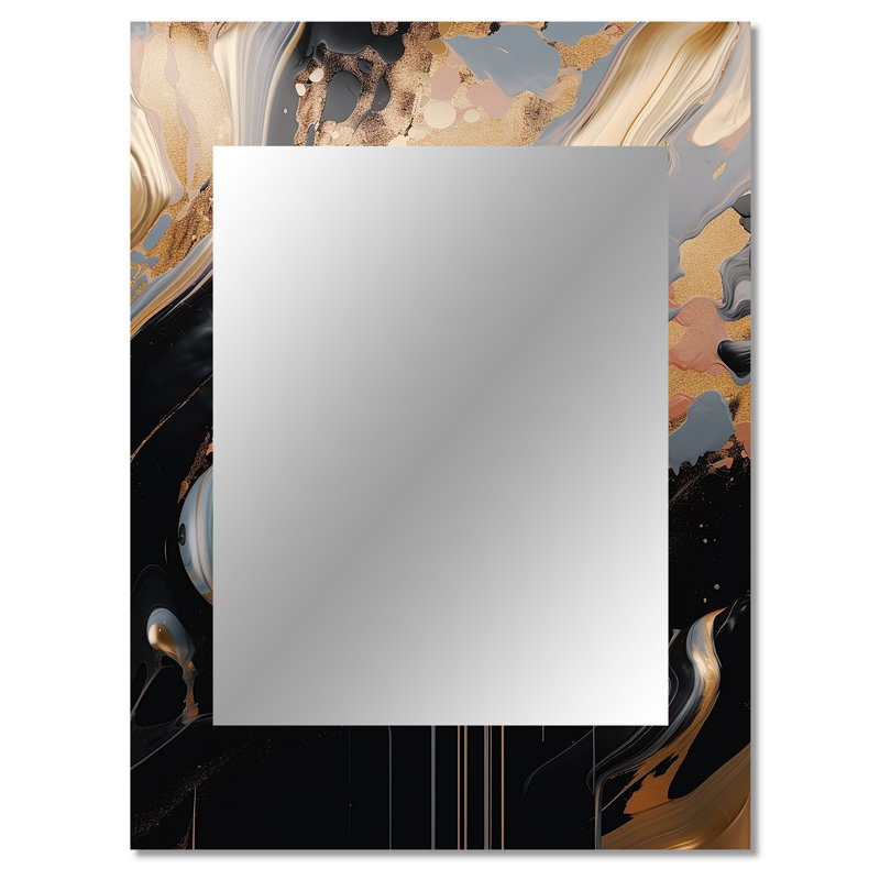 Or et marbre noir Mirage III - miroir décoratif en marbre, miroir mural doré, impression d'art en métal, 40 po x 30 po