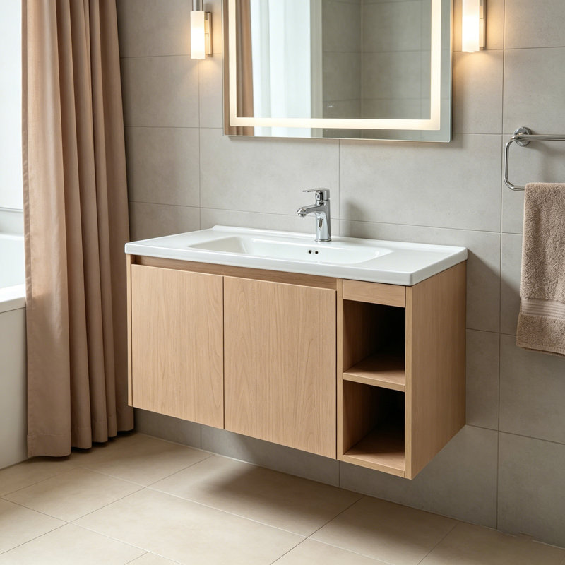 36" Modern Floating Bathroom Vanity Set with Integrated Ceramic Sink and Open Shelving