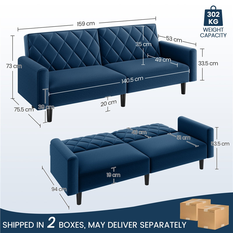 2-Seater Sofa Bed Aidden With Adjustable Backrest, Blue
