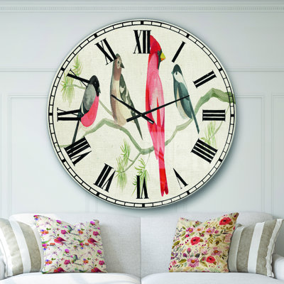 Chickadee and Red Farmhouse Bird on Branch - Farmhouse Wall Clock