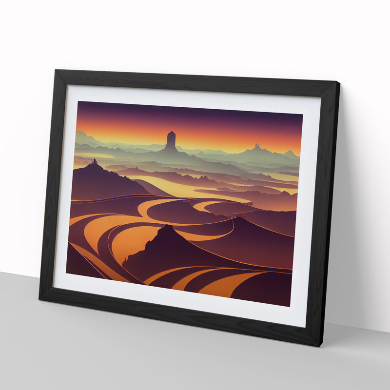 Art Deco Sunset Landscape - Single Picture Frame Print, Black, 46cm H x 64cm W