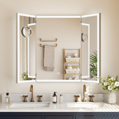 TriFold LED LED Bathroom Mirror, Front & Back Lighting, with Movable 10X Magnifying Mirror