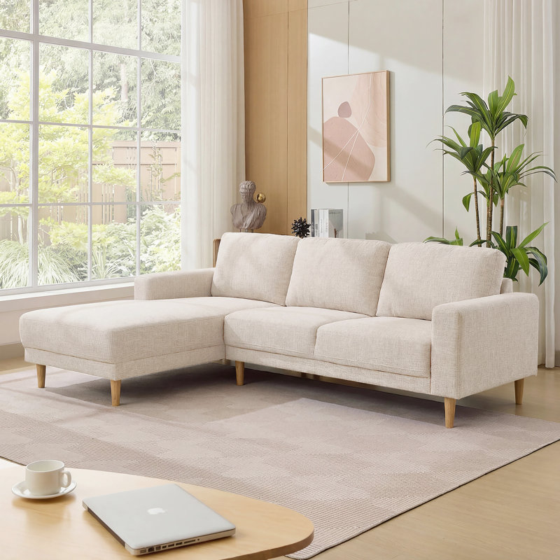 2-Piece 90" Upholstered L-Shaped Fabric Linen Corner Sofa, Beige
