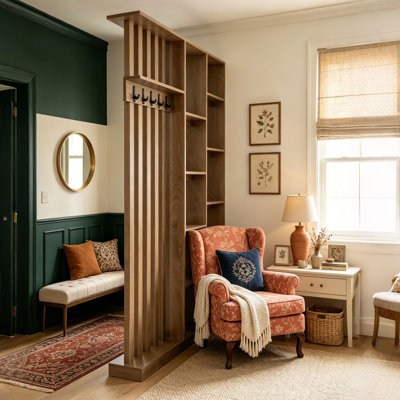 70.9" Tall Freestanding Wall Room Divider with Display Shelves and Coat Hooks