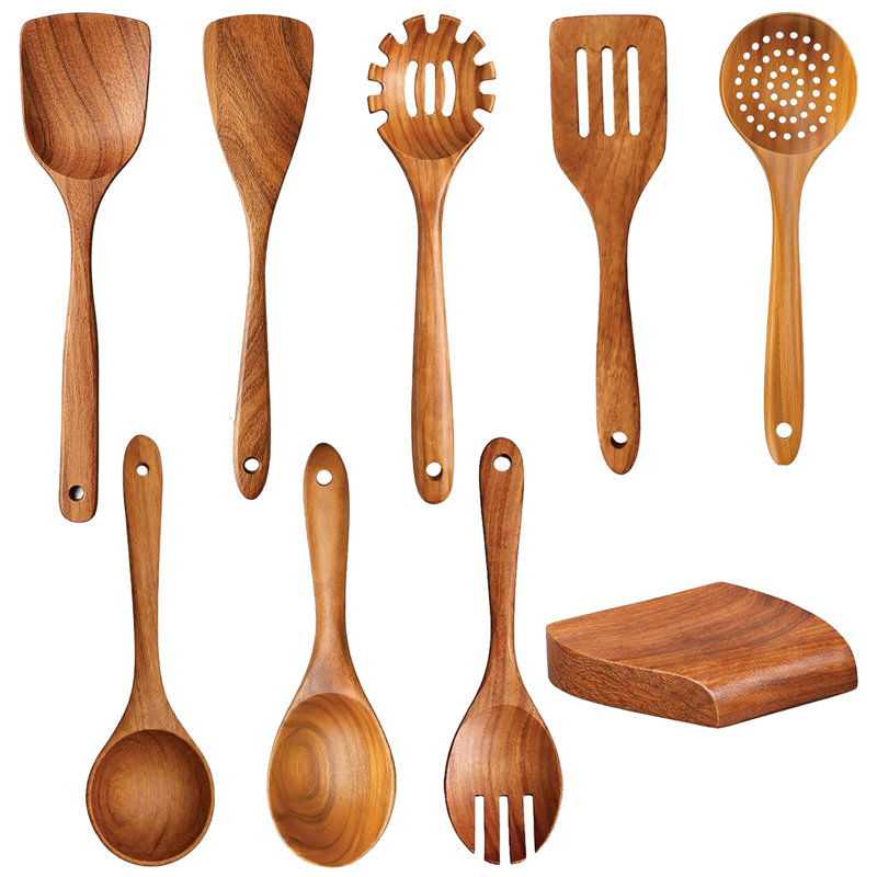 Ensemble d'ustensiles de cuisine 9 pièces, ensemble d'ustensiles de cuisine en bois, résistant à la chaleur antiadhésif, respectueux de l'environnement