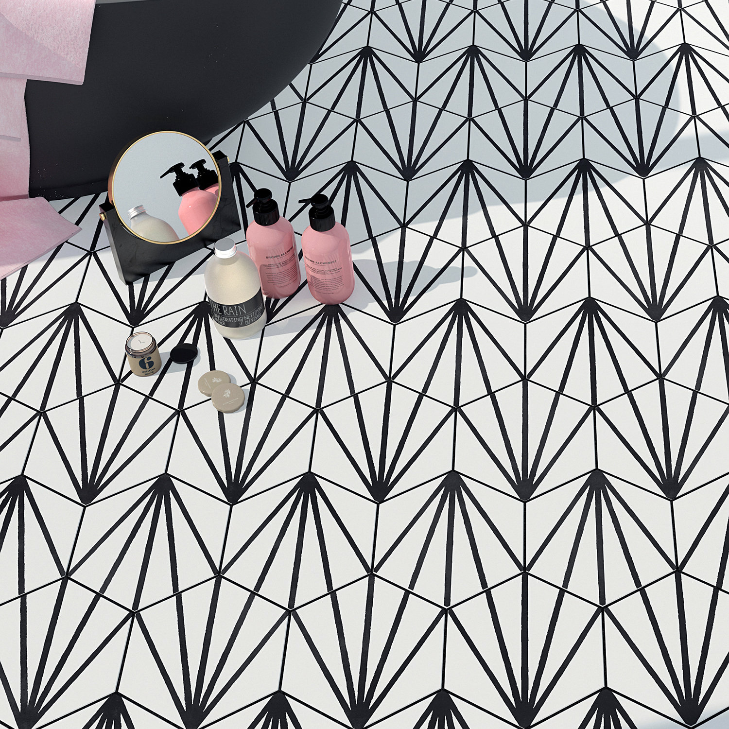 GeoHex Deco 8" Porcelain Tile, White/Black