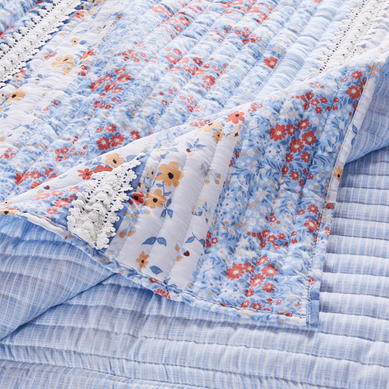 Light Blue Floral Lace Embellished Reversible Throw Blanket