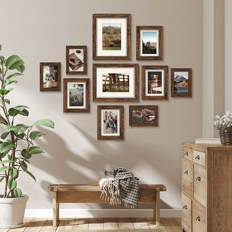 Picture Frames Collage Wall Decor, 10 Pack Photo Frame Set For Wall Gallery Decor-Farmhouse Wood Photo Display 8X10 Or 5X7 With Mat Or 4X6 Without Mat For Wall Mounting Or Tabletop-Rust Brown