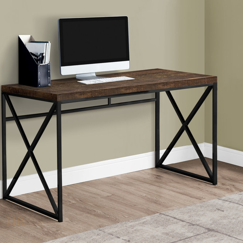 Contemporary Brown Laminate Computer Desk With Sturdy Black Metal Base, For Small Home Offices And Apartments, Brown